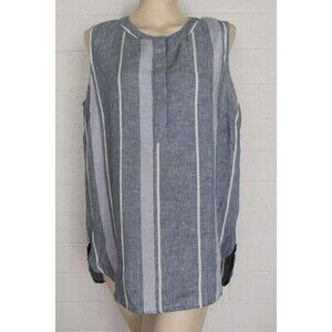 Ellen Tracy Linen L XL Heather Blue and White Vertical Striped Sleeveless Top